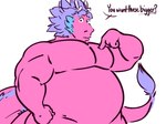 4_fingers anthro antlers belly big_belly dialogue eyebrows fingers fist gesture hand_gesture horn looking_at_viewer male musclegut muscular muscular_anthro muscular_male overweight overweight_anthro overweight_male pecs pink_body pink_tail pointing pointing_at_pecs pointing_at_self purple_eyebrows purple_tail_feathers solo speech_bubble tail text sharkstomeatyou mythology wish_dragon long_(wish_dragon) dragon mythological_creature mythological_scalie scalie 4:3 english_text half-length_portrait portrait