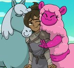 armor eyes_closed female feral group happy hug pauldron sky skyscape smile centinel303 centaurworld netflix horse_(centaurworld) rider_(centaurworld) wammawink alpaca alpaca_taur camelid camelid_taur equid equine horse human mammal mammal_taur taur 2021