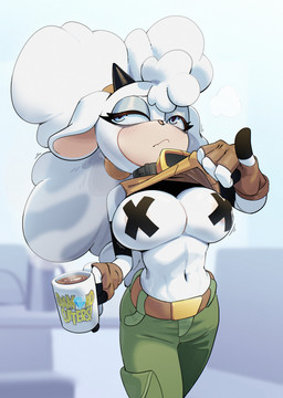 abs anthro bell belt beverage big_breasts blush bottomwear breasts cargo_pants clothed clothing clothing_lift coffee coffee_mug container cup embarrassed eyelashes female fingerless_gloves gloves handwear horn looking_aside mug nipple_tape pants pasties presenting presenting_breasts shirt shirt_lift solo tape topwear white_body feliscede idw_publishing sega sonic_the_hedgehog_(comics) sonic_the_hedgehog_(idw) sonic_the_hedgehog_(series) lanolin_the_sheep_(sonic) bovid caprine mammal sheep absurd_res hi_res