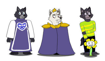 anthro armor black_bottomwear black_clothing black_nose black_pants blue_eyes bottomwear cape clothing crown delta_rune_(emblem) fang_out female fur grey_body grey_fur group hand_on_arm headgear looking_at_viewer looking_down male pants pattern_clothing pauldron piercing plant purple_eyes red_eyes robe shirt shoeless striped_clothing stripes symbol topwear trio tunic white_body white_fur creamandbigstan adastra adastra_(series) echo_project undertale undertale_(series) amicus_(adastra) cassius_(adastra) flowey_the_flower virginia_(adastra) canid canine canis elemental_creature flora_fauna mammal wolf 2025 absurd_res crossover hi_res