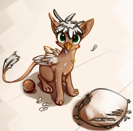 ambiguous_gender ball beak brown_body brown_fur feathered_wings feathers feral fur green_eyes hair inside looking_at_viewer pillow solo tail white_body white_feathers wings young scootiebloom mythology avian gryphon mythological_avian mythological_creature 2015 character_request