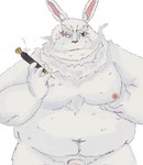 anthro belly big_belly fur genitals humanoid_hands kemono male moobs navel nipples overweight overweight_male penis scar simple_background smoking solo white_background white_body white_fur jinbe_001 shangri-la_frontier vysache lagomorph leporid mammal rabbit vorpal_bunny 2024 hi_res