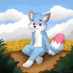 ambiguous_gender anthro blue_body blue_fur cloud detailed_background dipstick_tail dirt ears_up field flower fluffy fluffy_tail fur furniture grass leaf light looking_at_viewer markings pink_body pink_fur plant sea shrub sitting sky smile solo sunflower table tail tail_markings tree water white_body white_fur world alexumka umkashka 1:1 2025 absurd_res digital_media_(artwork) hi_res wallpaper male_(lore)