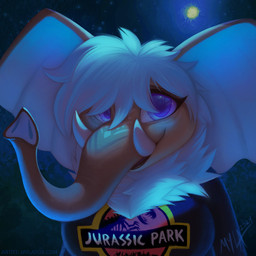 anthro big_ears black_clothing black_topwear breasts clothed clothing detailed_background female front_view fur hair looking_at_viewer orange_body proboscis_(anatomy) pupils purple_eyes purple_pupils smile solo text topwear trunk_(anatomy) tusks white_body white_ears white_fur white_hair mylafox jurassic_park universal_studios elephantid mammal mammoth prehistoric_species proboscidean 1:1 2024 bust_portrait dated detailed hi_res icon portrait signature url
