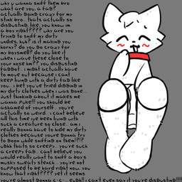 anthro clothing collar cute_fangs degradation dialogue fangs feet femboy footwear fur homophobic_slur insult insulting_viewer low-angle_view lying male presenting shy slur socks solo teeth text white_body white_fur lspagf boy_kisser_(meme) felid feline mammal 1:1 absurd_res english_text hi_res meme