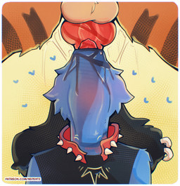 animal_genitalia animal_penis anthro biped blue_body blue_fur bodily_fluids broken_collar canine_genitalia canine_penis clothing collar deep_throat duo erection fur genitals heart_symbol knot low-angle_view male neck_bulge oral oral_penetration penetration penile penile_penetration penis saliva sex sheath simple_background tongue nepentz nintendo pokemon until_it_snaps generation_4_pokemon pokemon_(species) riolu absurd_res chromatic_aberration hi_res meme
