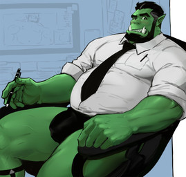 5_fingers beard belly black_eyes black_hair blush briefs bulge clothing collared_shirt detailed_bulge dress_shirt embarrassed eyebrows facial_hair fingers genital_outline green_body green_skin hair humanoid_hands humanoid_pointy_ears looking_at_viewer male muscular muscular_humanoid muscular_male necktie not_furry overweight pen penis_outline pointy_ears shirt sitting solo thick_eyebrows topwear tusks underwear vein veiny_muscles writing_utensil dopq humanoid orc 2021 hi_res