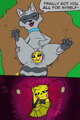 almost_fully_inside ambiguous_anthro ambiguous_gender ambiguous_prey anthro anthro_on_anthro anthro_pred anthro_prey anus bodily_fluids cervix clitoris cute_fangs duo fallopian_tubes fangs female female/ambiguous female_anthro female_pred feral forced fully_inside genital_fluids genitals inside_uterus internal lying nude nude_ambiguous nude_anthro nude_female nude_pred nude_prey on_back ovaries paws spread_legs spreading teeth text unbirthing uterus vaginal vaginal_fluids vore afraidpichu nintendo pokemon apple_the_pichu malcoon generation_2_pokemon mammal pichu pokemon_(species) procyonid raccoon comic english_text hi_res