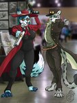 anthro clothed clothing convention cosplay crossover_cosplay duo female fully_clothed gun handgun looking_at_viewer male otaku pistol ranged_weapon smile standing weapon sydney_onmars hellsing jojo's_bizarre_adventure alucard_(hellsing) jotaro_kujo canid canine felid fox mammal pantherine snow_leopard 3:4 absurd_res crossover hi_res