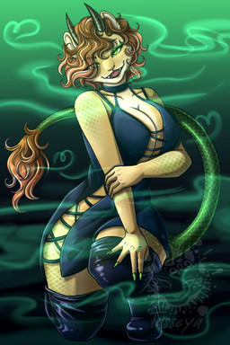 anthro big_breasts black_clothing black_dress blonde_hair boots bovid_horn breasts caprine_horn cat_nose clothing colored_nails curled_tail curly_hair dress female footwear goat_horn green_eyes green_nails green_smoke hair heart_symbol high_heeled_boots high_heels horn kneeling legwear lion_ears multicolored_hair nails open_mouth provocative red_hair scales scaly_tail sharp_teeth shoes smoke snake_eyes solo tail tail_brush tail_tuft teeth text thick_thighs thigh_boots thigh_highs tuft unusual_anatomy unusual_tail wide_hips tasseya fan_character bovid caprine chimera cougar felid feline goat lion mammal pantherine reptile scalie snake 2025 2:3 absurd_res artist_name colored digital_drawing_(artwork) digital_media_(artwork) green_theme hi_res shaded signature url watermark