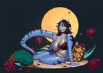 anthro big_breasts black_hair blue_body bra breasts clothing eyewear female flower glasses hair holding_eyewear holding_glasses holding_object horn looking_at_viewer mature_female navel nipples pillow plant slightly_chubby smile solo tail underwear botak mythology dragon mythological_creature mythological_scalie reptile scalie wingless_dragon 2021 hi_res