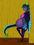 anthro belly big_belly big_breasts biped bite biting_lip biting_own_lip bottomwear bra breasts butt clothed clothing female glowing glowing_eyes hair horn hut loincloth long_hair looking_at_viewer markings multicolored_body multicolored_hair pose pregnant pregnant_anthro pregnant_female pregnant_pred self_bite simple_background smile solo spots spotted_body standing tail teeth thick_thighs underwear wings yellow_eyes bbear mythology lucie_(blueclaws) dragon mythological_creature mythological_scalie scalie 3:4 absurd_res dated digital_media_(artwork) hi_res signature