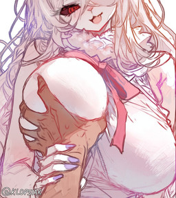 anthro big_breasts black_sclera bow_ribbon breast_grab breast_squeeze breasts clothed clothing duo faceless_character faceless_male fangs female fur guided_breast_grab hair hand_on_breast looking_pleasured male male/female male_on_anthro open_mouth red_eyes simple_background squeezing teeth white_body white_clothing white_fur white_hair klopsiak one_piece carrot_(one_piece) sulong_carrot lagomorph leporid mammal minkmen_(one_piece) rabbit watermark