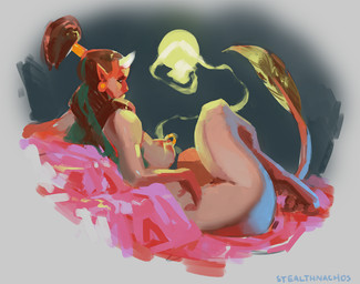 barefoot breasts brown_hair claws ear_piercing fangs feet female hair horn humanoid_pointy_ears long_hair magic nipple_piercing nipples nude piercing pointy_ears ponytail side_boob solo teeth stealthnachos humanoid orc