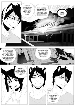 anthro clothing determined dialogue duo explosion female hair hoodie looking_at_viewer male open_mouth outside road sad shirt short_hair simple_background text topwear corablue canid domestic_cat felid feline felis mammal comic digital_media_(artwork) english_text hi_res monochrome