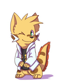 anthro black_clothing black_topwear bottomless brown_markings chibi closed_smile clothed clothing featureless_crotch fur glistening glistening_eyes green_eyes jacket looking_at_viewer male markings mouth_closed no_pupils one_eye_closed semi-anthro simple_background smile solo standing topwear white_background white_clothing white_jacket white_topwear yellow_body yellow_fur kuttoyaki absurd_res full-length_portrait hi_res portrait
