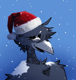 ambiguous_gender anthro black_body christmas_clothing christmas_headwear clothing eyeshadow hat headgear headwear holidays makeup santa_hat snow snow_on_beak snow_on_body snowing solo tuft jmaf33r christmas raven_(jmaf33r) avian bird corvid corvus_(genus) oscine passerine raven