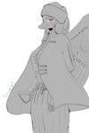 alternate_costume anthro clothing coat feathered_wings feathers female looking_at_viewer smile snout solo topwear wings seozen goodbye_volcano_high fang_(gvh) dinosaur prehistoric_species pterodactylus pterosaur reptile scalie 2024 absurd_res artist_name black_and_white hi_res monochrome sketch watermark