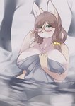 4_fingers adjusting_glasses anthro areola areola_slip bathing big_breasts biped blush breasts brown_hair countershade_fur countershading covering covering_self eyewear female fingers fur glasses green_eyes hair hot_spring kemono long_hair looking_at_viewer neck_tuft orange_body orange_fur outside partially_submerged scrunchie sitting solo steam tan_body tan_fur towel tuft water wet ukenya canid canine fox mammal absurd_res hi_res