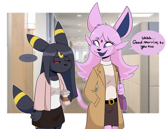 4_fingers anthro anthrofied belt belt_buckle beverage black_body black_eyes black_fur black_hair black_nose bottomwear breasts buckle clothed clothing coat coffee coffee_cup container cup cute_fangs dialogue duo ellipsis eyelashes fangs female fingers forehead_gem fur gem grumpy hair long_hair narrowed_eyes office open_mouth open_smile photo_background pokemorph purple_body purple_eyes purple_fur purple_hair purse red_sclera skirt smile speech_bubble standing straight_hair sweater teeth text tired tired_eyes topwear turtleneck kabula_(artist) nintendo pokemon eeveelution espeon generation_2_pokemon mammal pokemon_(species) umbreon 2022 absurd_res digital_media_(artwork) english_text hi_res photography_(artwork)