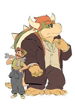 2_horns anthro blush bottomwear brown_hair claws clock clothed clothed_anthro clothed_human clothed_male clothing crop_top duo eyewear facial_hair footwear fully_clothed fully_clothed_anthro fully_clothed_human fully_clothed_male green_clothing green_shirt green_topwear hair horn king larger_anthro larger_male male mustache pants red_hair ring royalty scales shirt shoes size_difference smaller_human smaller_male suit sunglasses tan_body tan_skin tools topwear watch wrench wristwatch yellow_body yellow_scales arielries mario_bros nintendo bowser luigi human koopa mammal scalie 2020 absurd_res digital_drawing_(artwork) digital_media_(artwork) hi_res