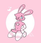 anthro armwear balls blue_eyes blush clothed clothing erection foreskin fur genitals gloves hair handwear kneeling legwear male nude penis pink_body pink_fur pink_hair simple_background solo stockings thigh_highs tired jbun07 jasbun lagomorph leporid mammal rabbit digital_media_(artwork)