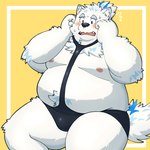 anthro belly big_belly black_nose blush clothed clothing kemono male mankini moobs nipples overweight overweight_male simple_background skimpy solo yaki_atsuage lifewonders live_a_hero yohack canid canine canis domestic_dog mammal 1:1 2023 hi_res