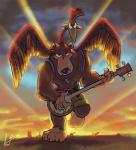 anthro banjo_(instrument) beak clothing cloud duo feathered_wings feathers female fur holding_musical_instrument holding_object male musical_instrument plucked_string_instrument string_instrument sunset wings fabianleonardo banjo-kazooie rareware banjo_(banjo-kazooie) kazooie avian bear breegull mammal 2019 hi_res signature