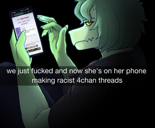 anthro black_bottomwear black_clothing black_pants black_shirt black_topwear bottomwear cellphone clothed clothed_anthro clothed_female clothing dark_room electronics female fingers freckled_face freckles green_body green_hair grey_eyes hair holding_cellphone holding_object holding_phone holding_smartphone humanoid_hands inside looking_at_cellphone looking_at_object looking_at_phone medium_hair pants phone profanity racial_slur racism shirt slur smartphone solo text topwear yellow_sclera bookbin 4chan cavemanon_studios i_wani_hug_that_gator snapchat olivia_halford baryonyx dinosaur prehistoric_species reptile saurischian scalie spinosaurid theropod colored english_text meme shaded