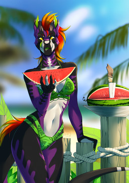 5_fingers anthro breasts day detailed_background female fingers food fruit hair melon midriff navel non-mammal_breasts outside plant purple_body purple_skin sky solo watermelon yellow_eyes rayley raine_(bundadingy) lizard reptile scalie 2019 digital_media_(artwork)