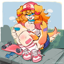 anthro band-aid bandage biped blue_eyes blush bone_collar_tag breasts cleavage clothed clothing collar collar_tag condom crouching female female_anthro footwear hair hat headgear headwear long_hair open_:3 outside pavement sexual_barrier_device shoes skateboard slightly_chubby slightly_chubby_anthro slightly_chubby_female smile socks solo tail tail_motion tailwag vehicle darkergrey blue_(breedypupper) canid canine canis domestic_dog mammal 2025