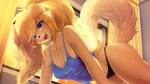 16:9 2024 anthro black_nose blonde_hair blue_eyes breasts canid canine canis clothed clothing cute_fangs digital_media_(artwork) domestic_dog eipril eyebrow_through_hair eyebrows eyelashes female floppy_ears fur hair hi_res inside leaf_(eipril) long_hair mammal panties shirt simple_background solo star tail tan_body tan_fur tank_top topwear translucent translucent_hair underwear widescreen window