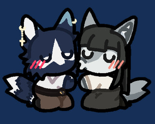 anthro biped black_hair blue_body blue_fur blush blush_lines bottomwear brown_bottomwear brown_clothing brown_pants cheek_tuft christian_cross christian_symbol clothing cross cross_(marking) cross_piercing dipstick_ears dipstick_tail duo ear_markings ear_piercing eyes_closed facial_tuft female fur grey_body grey_bottomwear grey_clothing grey_fur grey_pants hair holidays jewelry kissing kissing_cheek kneeling long_hair male male/female markings multicolored_ears open_mouth pants piercing pink_blush red_blush religion religious_symbol romantic romantic_couple shirt simple_background surgical_suture tail tail_markings tail_motion tail_tuft tailwag topwear transparent_background tuft white_body white_clothing white_fur white_markings white_shirt white_topwear kibblebytez christianity valentine's_day himezawa_lawchi luzenith_lawchi canid canine canis dire_wolf mammal prehistoric_species wolf 2026 5:4 aliasing alpha_channel animated digital_drawing_(artwork) digital_media_(artwork) loop low_res