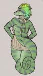 clothing feathers green_body green_scales looking_at_viewer looking_back purple_body purple_scales scales smile smirk solo stripes sweater topwear virgin_killer_sweater konbon_art meme_clothing zaria_corazon chameleon lizard reptile scalie meme