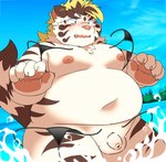 anthro belly big_belly blush detailed_background flaccid foreskin genitals humanoid_genitalia humanoid_hands humanoid_penis kemono male moobs navel nipples outside overweight overweight_male penis small_penis solo water ptcmtr lifewonders tokyo_afterschool_summoners licho_(tas) felid mammal pantherine tiger 2022