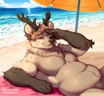 anthro antlers beach beach_towel belly belly_rolls brown_body exhibitionism featureless_chest fur grey_body grey_fur hair horn lying male moobs navel nude on_back sand sea seaside sky slightly_chubby slightly_chubby_male smile solo spots sun thick_thighs towel umbrella water art_by_caesar migurayki_(character) deer hybrid hyena mammal spotted_hyena digital_media_(artwork) hi_res