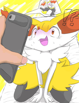 ambiguous_gender anthro arm_tuft arms_above_head bed bed_sheet bedding big_ears black_outline blush bodily_fluids camera chest_tuft convenient_censorship duo electronics fluffy fluffy_tail foreshortening front_view fur furniture high-angle_view hip_tuft inner_ear_fluff interrobang kneeling long_tail lying multicolored_body multicolored_fur multicolored_tail on_back on_bed open_mouth open_smile outline phone photo semi-anthro shoulder_tuft simple_background sleeping smile solo_focus sound_effects spread_legs spreading surprised sweat tail tears tuft white_body white_fur wide_eyed eiroru nintendo pokemon braixen generation_6_pokemon pokemon_(species) 2020 digital_media_(artwork) full-length_portrait hi_res portrait
