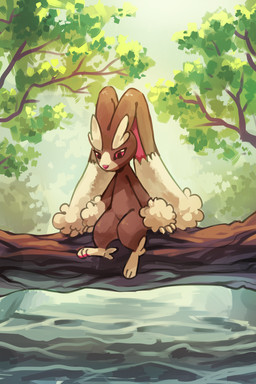 ambiguous_gender branch brown_body brown_fur day eyebrows featureless_crotch fluffy_ears forest fur log looking_down outside paws pink_nose plant pupils red_sclera river sitting solo thick_eyebrows tree water wood flavia-elric nintendo pokemon mimi_(flavia-elric) generation_4_pokemon lopunny pokemon_(species) 2020 2:3 absurd_res digital_media_(artwork) hi_res