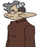 2019 anthro bovid bovine broken_horn brown_body brown_clothing brown_fur brown_sweater brown_topwear brown_turtleneck cattle clothed clothing digital_media_(artwork) ear_scar facial_scar female fur grey_hair grey_horn hair horn mammal manitka manitka_(character) nose_scar orange_eyes scar simple_background solo sweater topwear turtleneck white_background