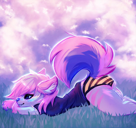 anthro bottomwear butt clothed clothing female grass looking_back lying on_front on_grass on_ground panties pantsless pattern_bottomwear pattern_clothing pattern_panties pattern_underwear plant solo striped_bottomwear striped_clothing striped_panties striped_underwear stripes underwear kolae kolae_(character) canid canine canis domestic_dog husky mammal nordic_sled_dog spitz hi_res