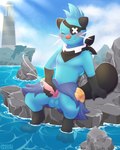 anthro blue_body blue_fur blush bodily_fluids cum ejaculation eye_patch eyes_closed eyewear fur genital_fluids genitals lighthouse male masturbation penile penile_masturbation penis sea seaside solo tapering_penis water andyocelot nintendo pokemon spearmint_iv_the_dewott dewott generation_5_pokemon pokemon_(species) 4:5 absurd_res hi_res