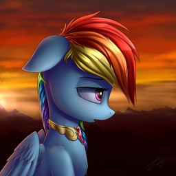 feathered_wings feathers female feral hair jewelry landscape necklace outside pink_eyes sad sky solo sunset wings deltauraart friendship_is_magic hasbro my_little_pony mythology rainbow_dash_(mlp) equid equine mammal mythological_creature mythological_equine pegasus 1:1 2017 absurd_res hi_res