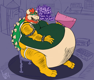 anthro arm_hair beard belly belly_hair belly_inflation big_belly bloated body_hair burping chair chest_hair clothing dialogue facial_hair furniture hair horn huge_belly inflation leg_hair male mature_male musclegut muscular red_hair shell shirt sitting solo spikes stuffing tank_top text topwear lenn_bear_artworks mario_bros nintendo bowser koopa reptile scalie turtle hi_res