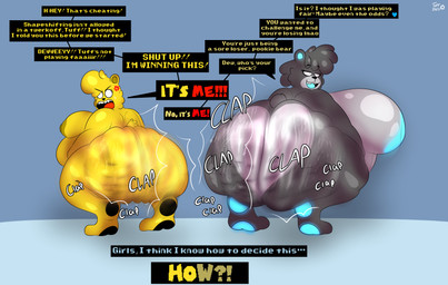 angry anthro areola ass_clapping belly big_belly big_breasts big_butt bouncing_butt breasts butt butt_jiggle clapping comparing competition duo empty_eyes female fur genitals glowing glowing_ears glowing_genitalia glowing_nipples glowing_paws hair huge_breasts huge_butt huge_thighs hyper jiggling mocking nipples nude obese obese_anthro obese_female offscreen_character open_mouth overweight overweight_anthro overweight_female paws poofy_hair screaming sexual_competition shapeshift sharp_teeth simple_background size_difference smile speech_bubble tail teasing teeth text thick_thighs tongue transformation twerking wide_hips yellow_body yellow_fur tuffthecat arum_(hornygoldyber) dew_(lewdewott) tuff_(tuffthecat) bear mammal ursine absurd_res english_text hi_res