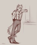 5_fingers anthro cigarette clothed clothing eyebrows eyelashes fingers footwear hair looking_at_viewer male shoes smoking solo standing eruca canid canine canis mammal wolf 2022 digital_media_(artwork) hi_res