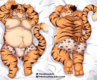 5_fingers anthro belly big_butt blush body_hair bottomwear bulge butt chest_tuft clothed clothing dakimakura embarrassed eyebrows facial_tuft fingers front_view fur happy_trail looking_at_viewer lying male markings moobs multiple_angles multiple_poses navel nipples on_back overweight overweight_anthro overweight_male pose print_clothing print_underwear rear_view slightly_chubby solo striped_body striped_fur striped_markings striped_tail stripes tail tail_markings tuft underwear thefoxyking tennis_ace jun_kobayashi felid mammal pantherine tiger dakimakura_design hi_res pinup