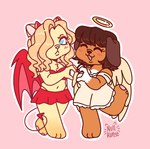 anthro anthrofied blonde_hair blush bottomwear bra breasts brown_hair cleavage clothed clothing dress duo female floppy_ears hair skirt smile standing underwear wings nullkunstt hasbro littlest_pet_shop littlest_pet_shop:_popular brooklyn_hayes lps_339 lps_675 savannah_reed american_shorthair angel canid canine canis dachshund demon domestic_cat domestic_dog felid feline felis hunting_dog mammal hi_res