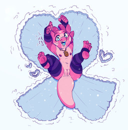 anthro areola arm_warmers armwear blue_eyes breasts clothing eyebrows female flat_chested genitals happy heart_symbol horn jewelry legwear navel necklace nipples non-mammal_breasts non-mammal_navel non-mammal_nipples open_mouth pink_body small_breasts smile snow solo teeth thigh_highs tongue vulva kemotobi tabia_(kemotobi) kobold scalie 2021 hi_res nonbinary_(lore)