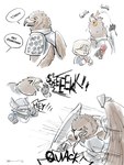 anthro armor beak clothing duo eating face_mask female hat headgear headwear helmet humor male shield text wings witch_hat xanadium elden_ring elden_ring_nightreign fromsoftware guardian_(nightreign) avian bird human mammal 3:4 english_text hi_res