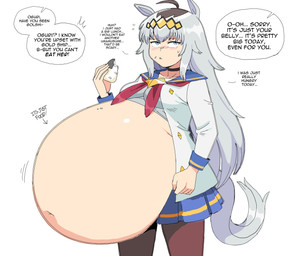 belly big_belly blue_eyes blush blush_lines bodily_fluids breasts dialogue directional_arrow eating female hair huge_belly hyper hyper_belly long_hair medium_breasts motion_lines navel offscreen_character simple_background solo speech_bubble standing stuffing sweat sweatdrop tail text white_hair lewdlemage cygames uma_musume_pretty_derby oguri_cap_(pretty_derby) animal_humanoid equid equid_humanoid equine equine_humanoid horse_humanoid humanoid mammal mammal_humanoid 2025 english_text hi_res
